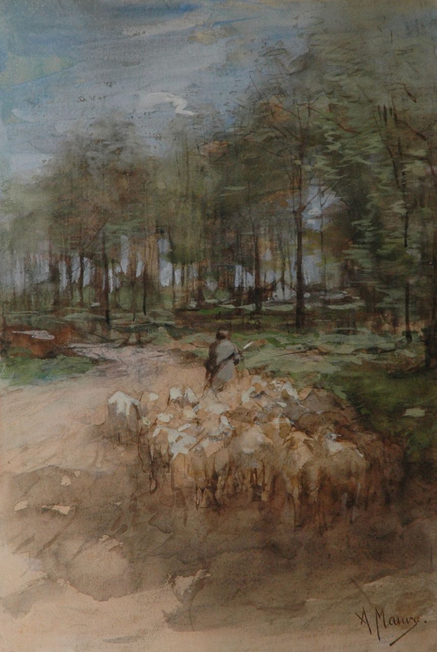 Mauve A.  | Anthonij 'Anton' Mauve, A shepherd and his flock on a sandy track, Aquarell und Gouache auf Papier 49,7 x 34,2 cm, signed l.r.