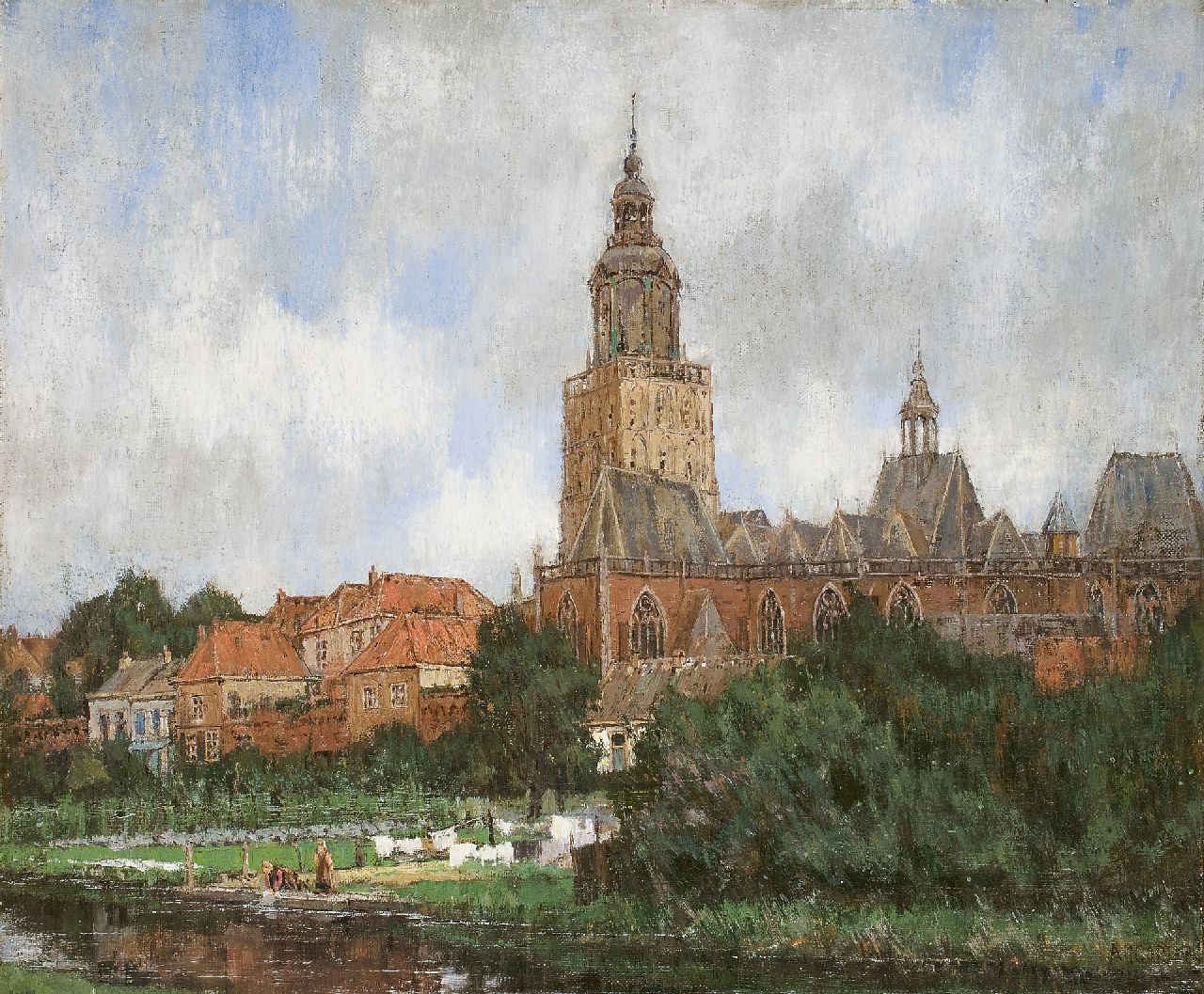 Gorter A.M.  | 'Arnold' Marc Gorter, Ansicht auf Zutphen mit der Moddergracht und die St. Walburgiskirche, Öl auf Leinwand 46,5 x 56,5 cm, Unterzeichnet r.u.