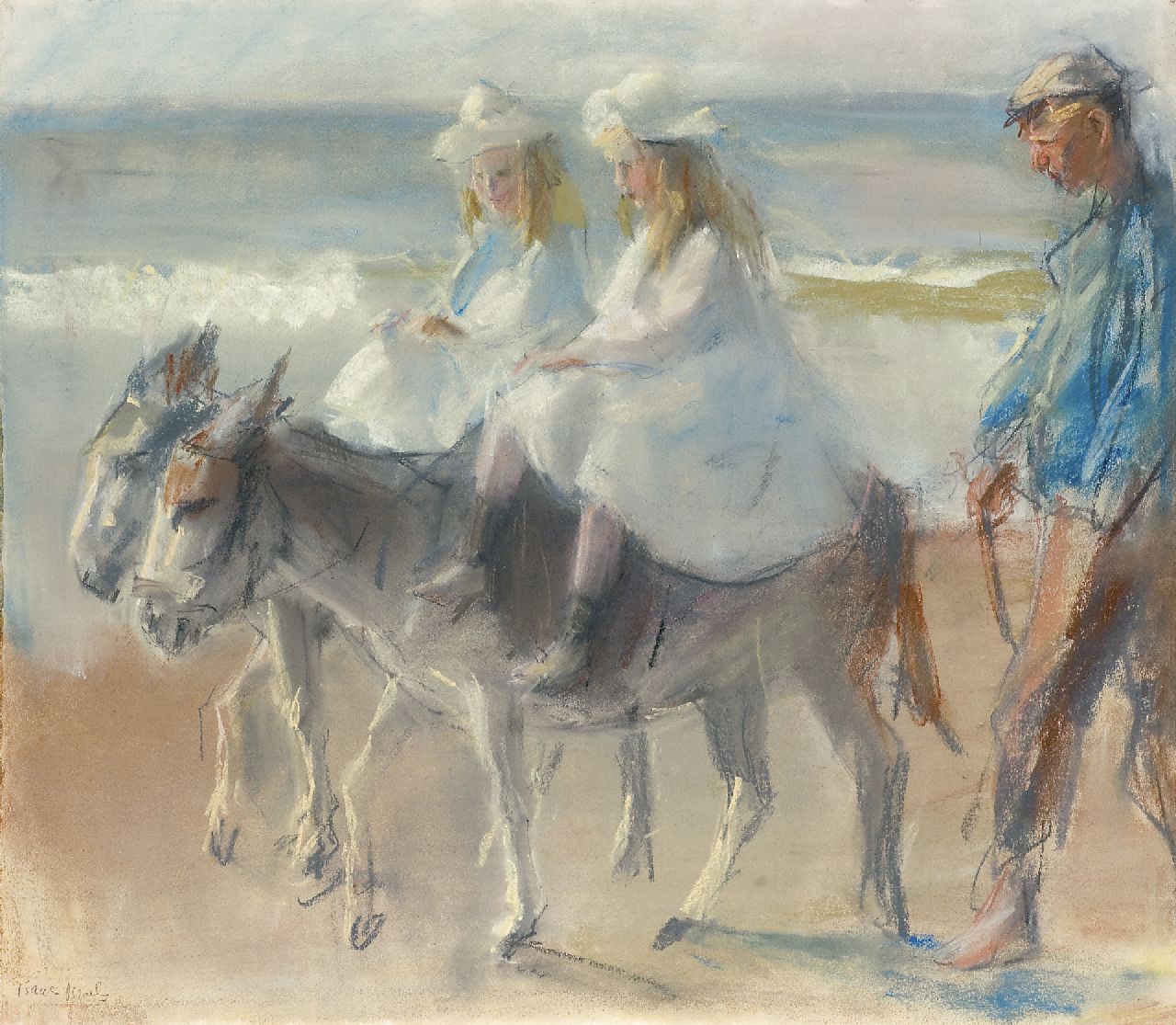 Israels I.L.  | 'Isaac' Lazarus Israels, A donkey-ride on the beach of Scheveningen, Pastell auf Papier 49,5 x 56,6 cm, signed l.l.