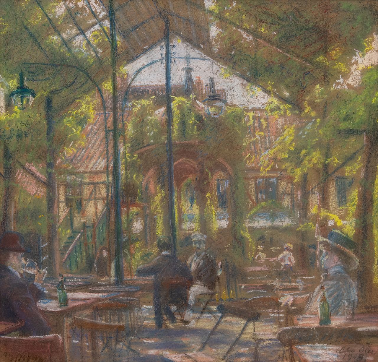 Ole Wolhardt Stampe Due | Gartencafé zu Kopenhagen, Pastell auf Papier, 49,3 x 55,0 cm, Unterzeichnet r.u. und datiert 1909