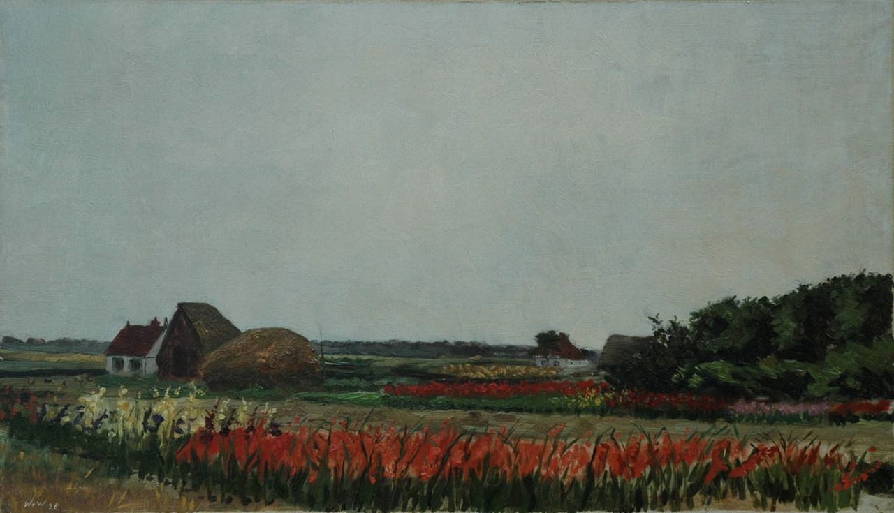 Hollandse School, eerste helft 20e eeuw   | Hollandse School, eerste helft 20e eeuw, Field with gladiolus, Öl auf Leinwand 37,3 x 63,3 cm, signed l.l. with initals 'W.v.W.' und dated '38