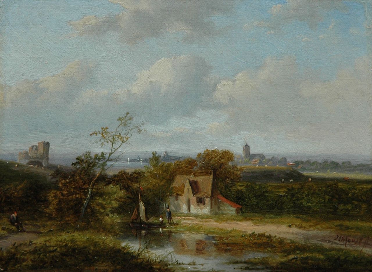 Morel II J.E.  | Jan Evert Morel II, An extensive riverlandscape with a ruïn, Öl auf Holz 15,3 x 20,6 cm, signed l.r.