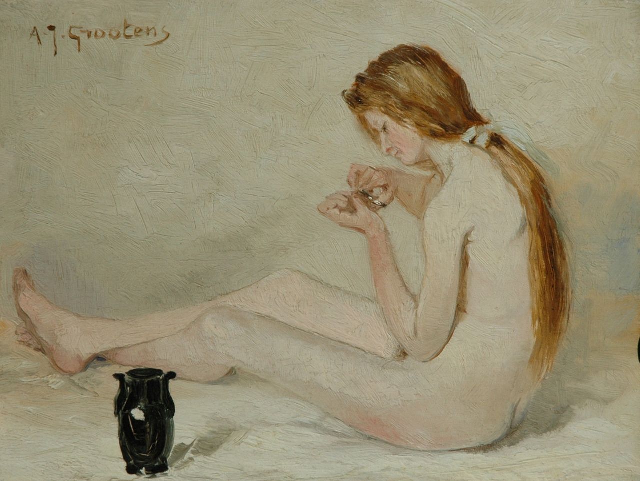 Grootens A.J.  | Adrianus Johannes Grootens, Female nude, Öl auf Holz 16,3 x 21,1 cm, signed u.l.