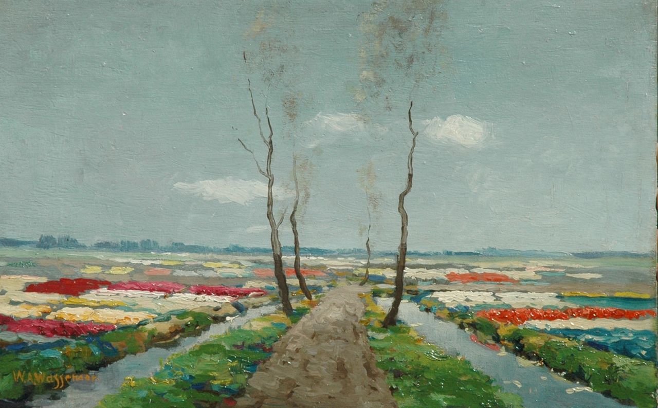 Wassenaar W.A.  | Willem Abraham Wassenaar, Flowering bulb fields, Öl auf Holz 25,1 x 40,0 cm, signed l.l.