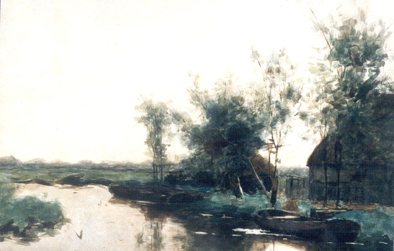 Bauffe V.  | Victor Bauffe, Moored barges in a polder landscape, Aquarell auf Papier 36,0 x 53,0 cm, signed l.r.
