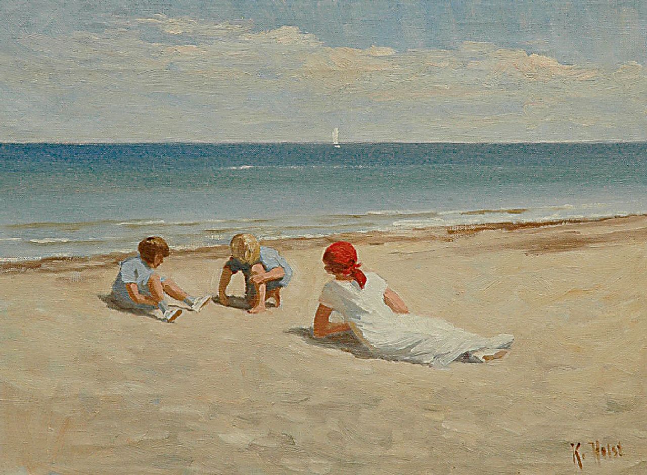 Kaj Holst | Mother with children on the beach, Öl auf Leinwand, 40,6 x 50,5 cm, signed l.r.
