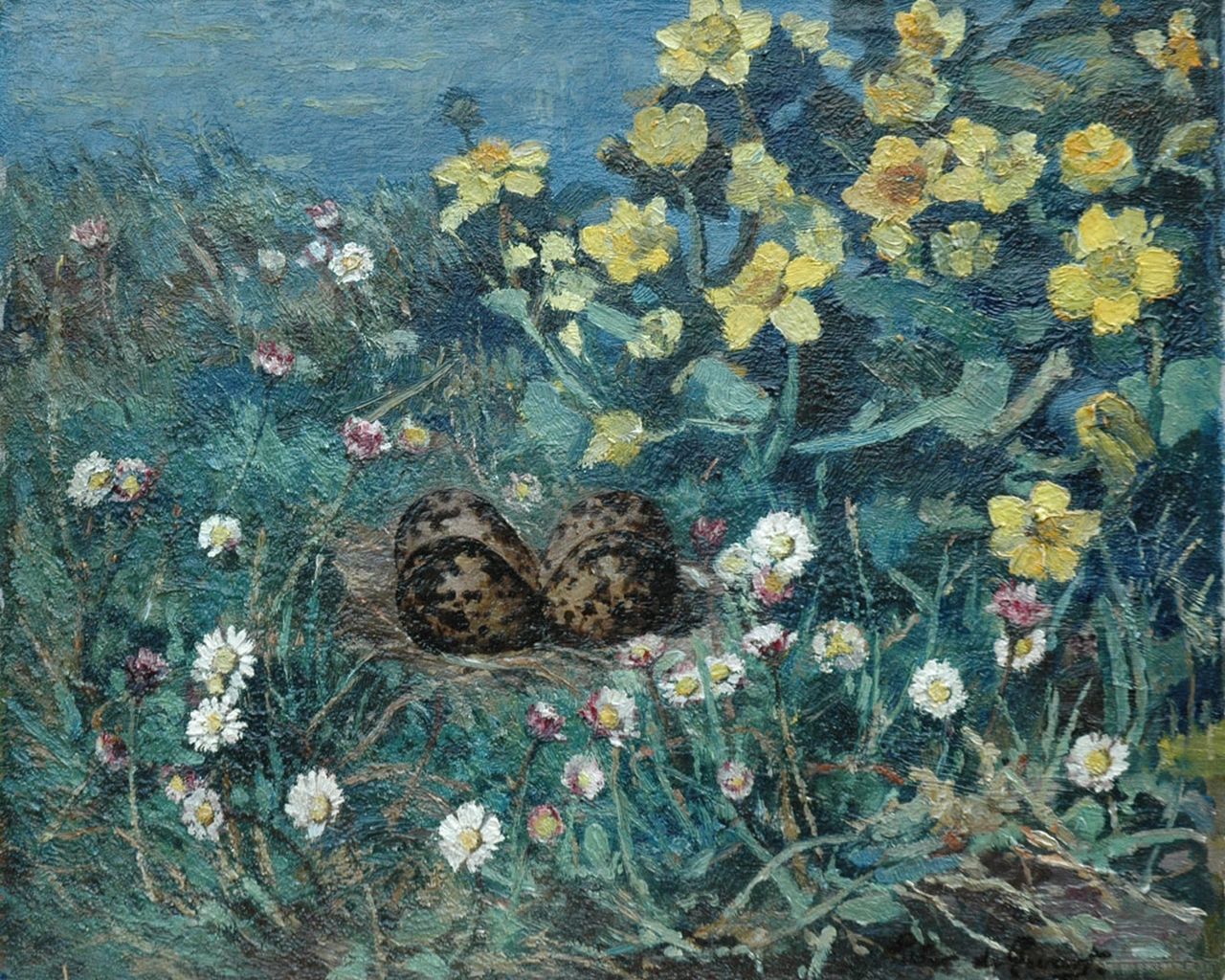 Zwart P.M.A. de | Petrus Martinus Antonius 'Pieter' de Zwart, Plover's egg between fieldflowers, Öl auf Leinwand 34,5 x 42,3 cm, signed l.r.