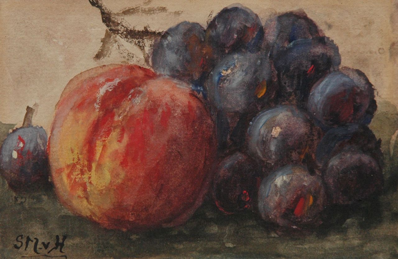 Mesdag-van Houten S.  | Sina 'Sientje' Mesdag-van Houten, A still life with peach and grapes, Aquarell auf Papier 9,0 x 13,6 cm, signed l.l. with initials