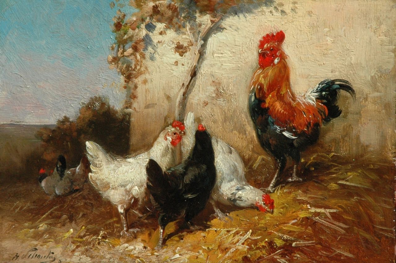 Schouten H.  | Henry Schouten, A rooster and his hens, Öl auf Holz 16,9 x 24,7 cm, signed l.l.
