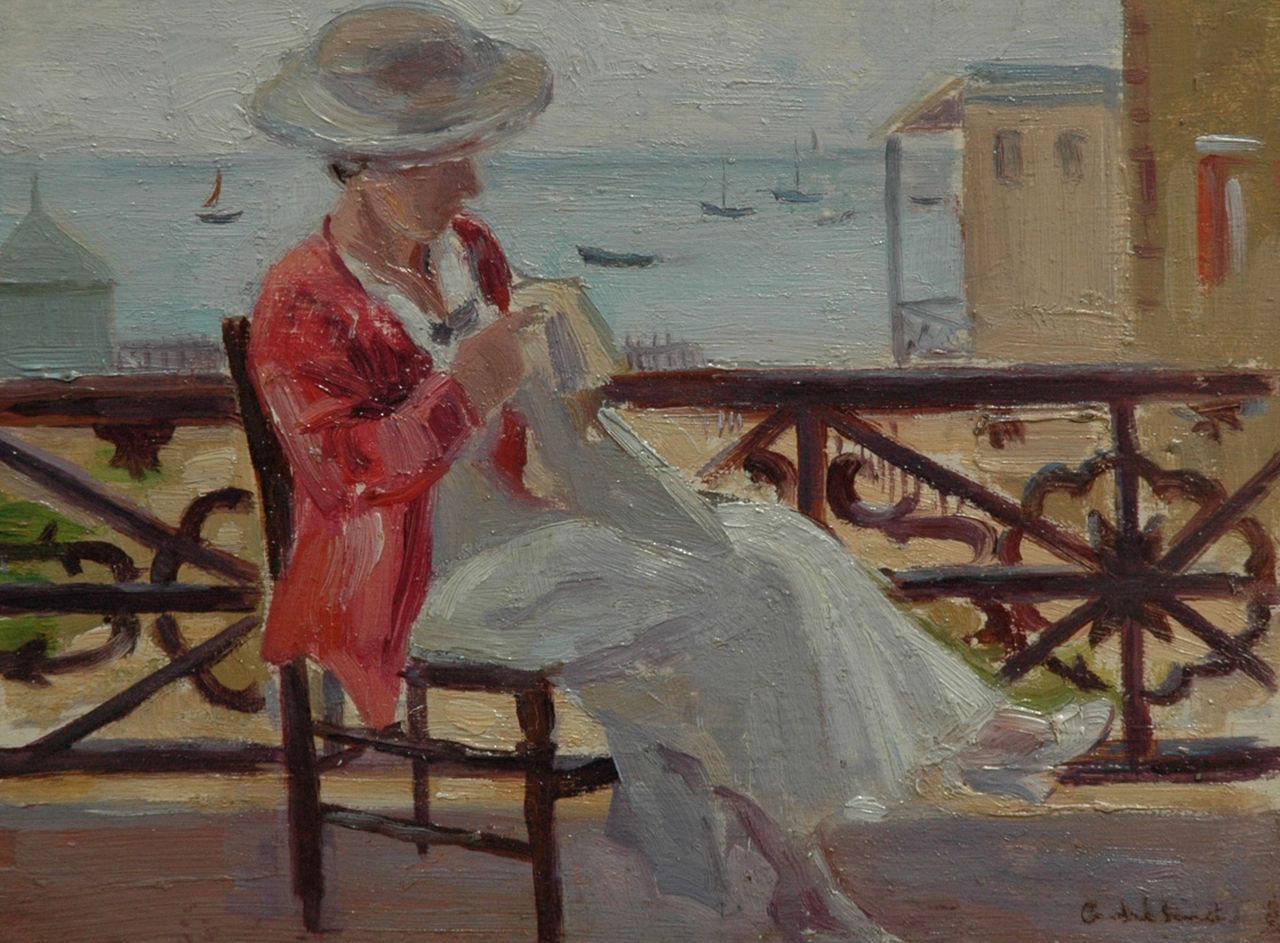 André Sinet | A lady seated at a balcony, Öl auf Holz, 17,3 x 24,0 cm, signed l.r.