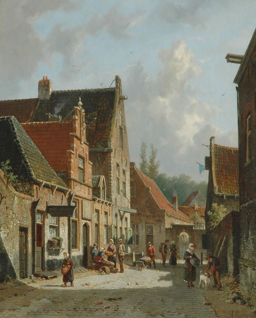 Eversen A.  | Adrianus Eversen, A busy Dutch street with figures, Öl auf Holz 43,8 x 35,3 cm, signed l.r. in full and with monogram