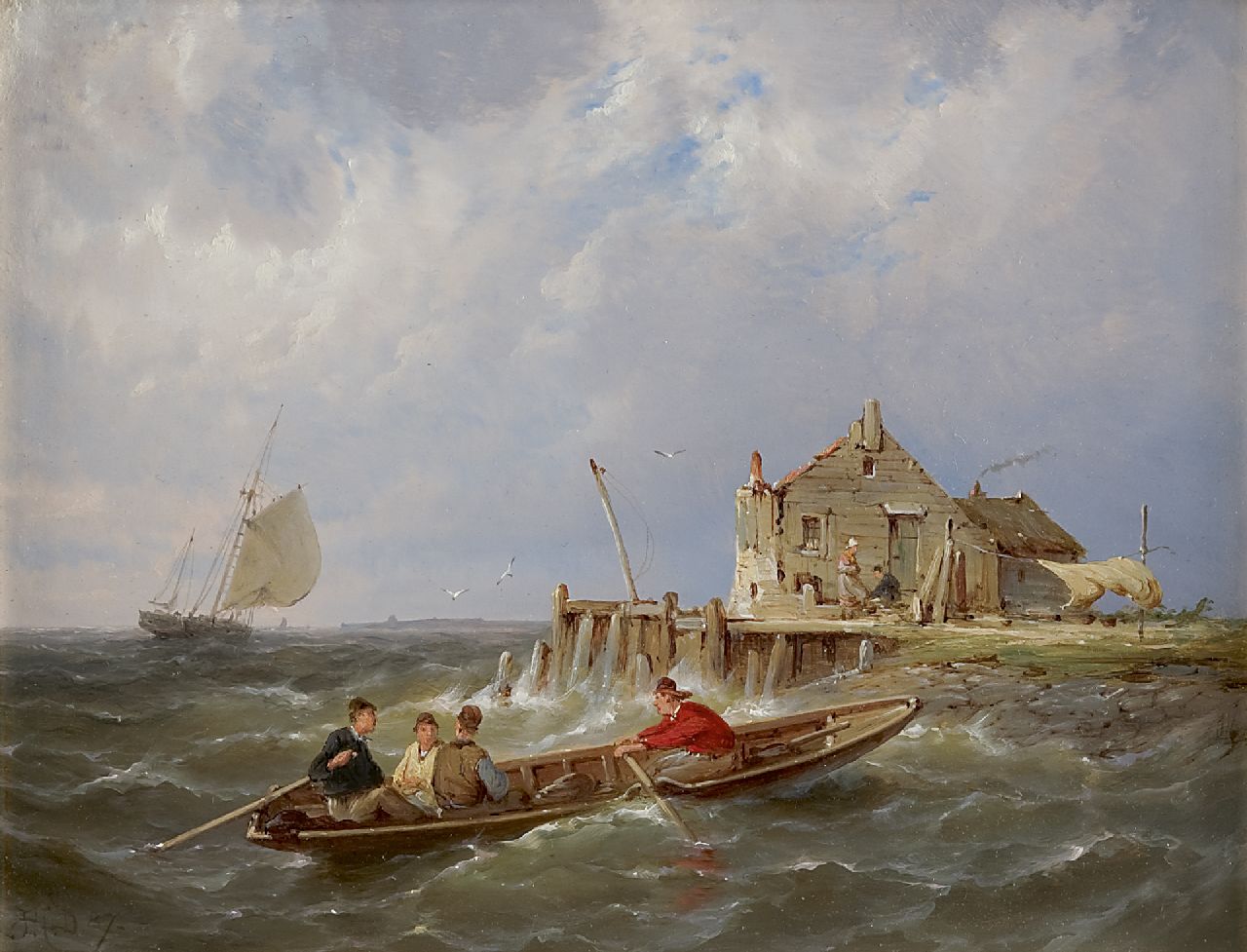 Dommershuijzen P.C.  | Pieter Cornelis Dommershuijzen, Fishermen off a jetty, Öl auf Holz 19,9 x 25,4 cm, signed l.l. with initials und dated '87