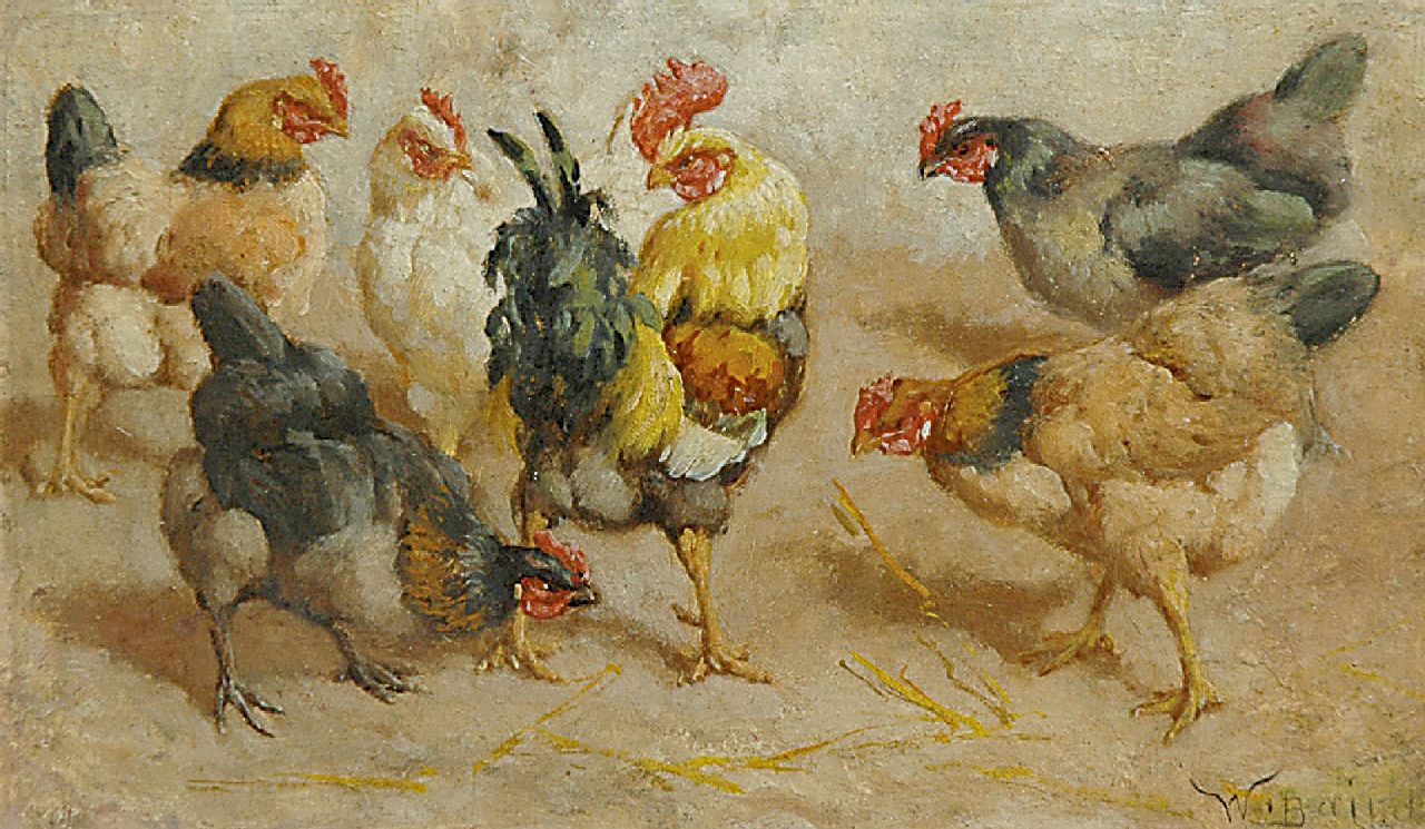 Baird W.B.  | William Baptiste Baird, A rooster and chickens, Öl auf Malereifaser 12,0 x 20,1 cm, signed l.r. and on the reverse