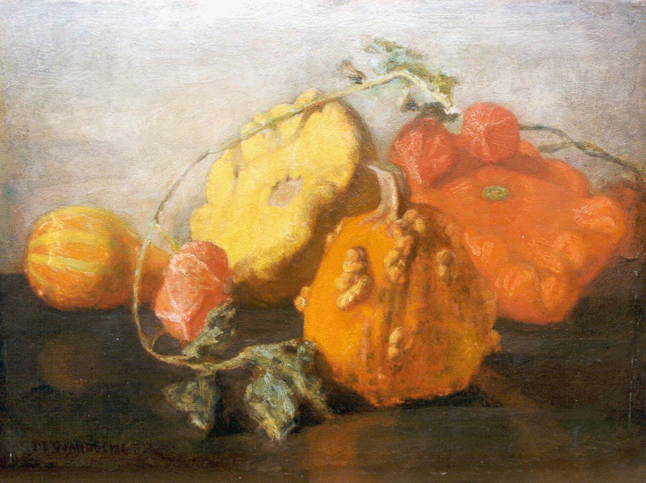 Wandscheer M.W.  | Maria Wilhelmina 'Marie' Wandscheer, Still life with gourds, Öl auf Holz 30,0 x 41,0 cm, signed l.l.
