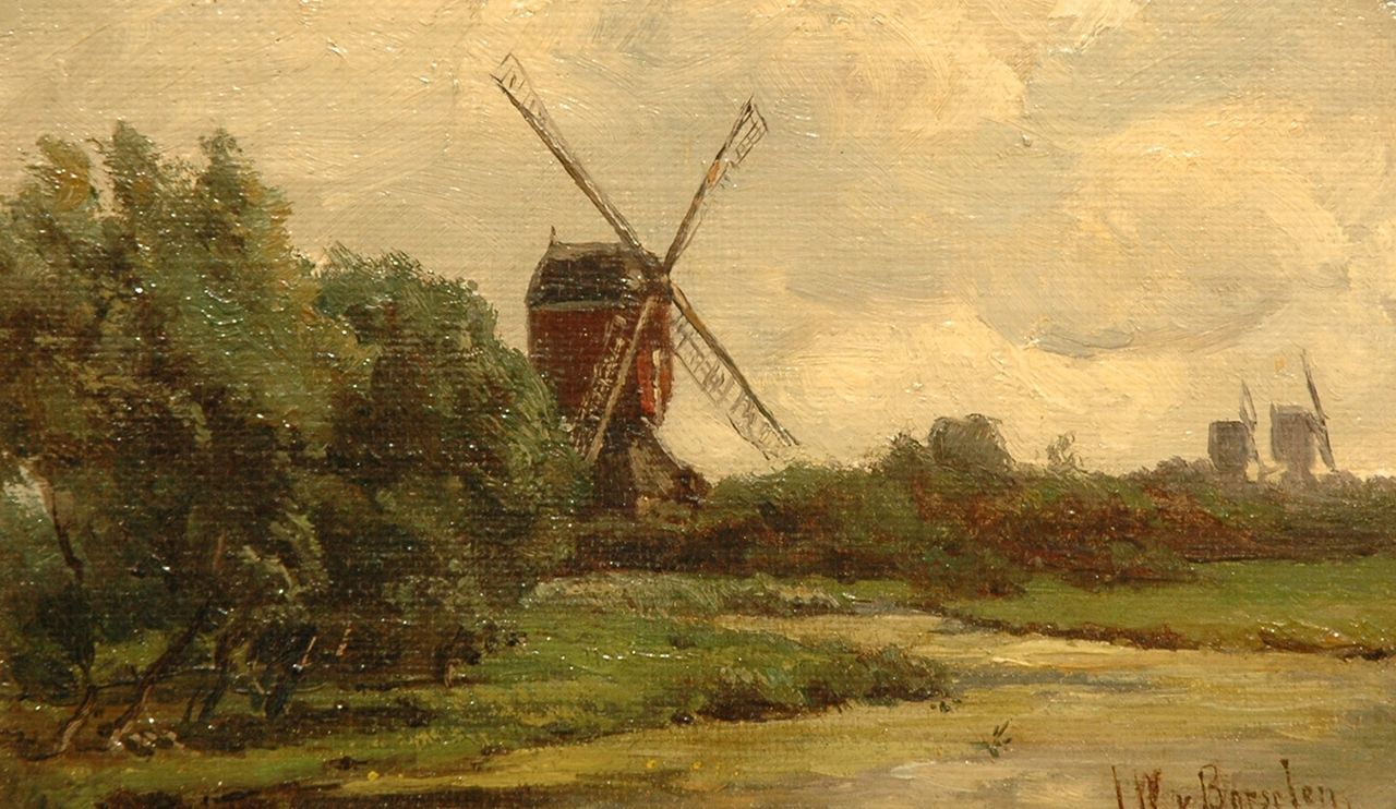 Borselen J.W. van | Jan Willem van Borselen, Windmills in a Dutch polder landscape, Öl auf Leinwand auf Holz 12,7 x 19,8 cm, signed l.r.