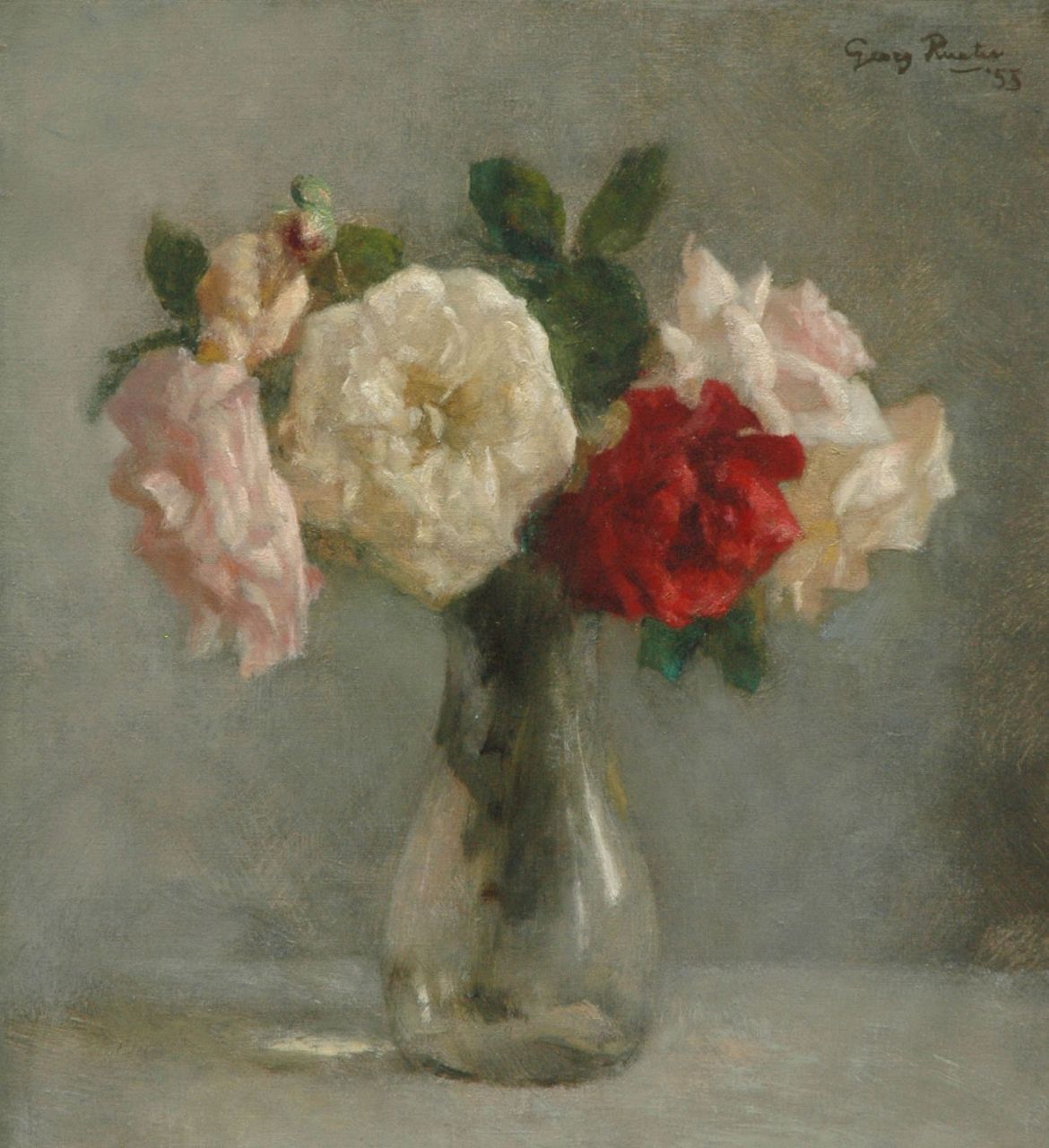 Rueter W.C.G.  | Wilhelm Christian 'Georg' Rueter, Roses in vase of glass, Öl auf Leinwand 46,0 x 42,0 cm, signed u.r. und dated '53