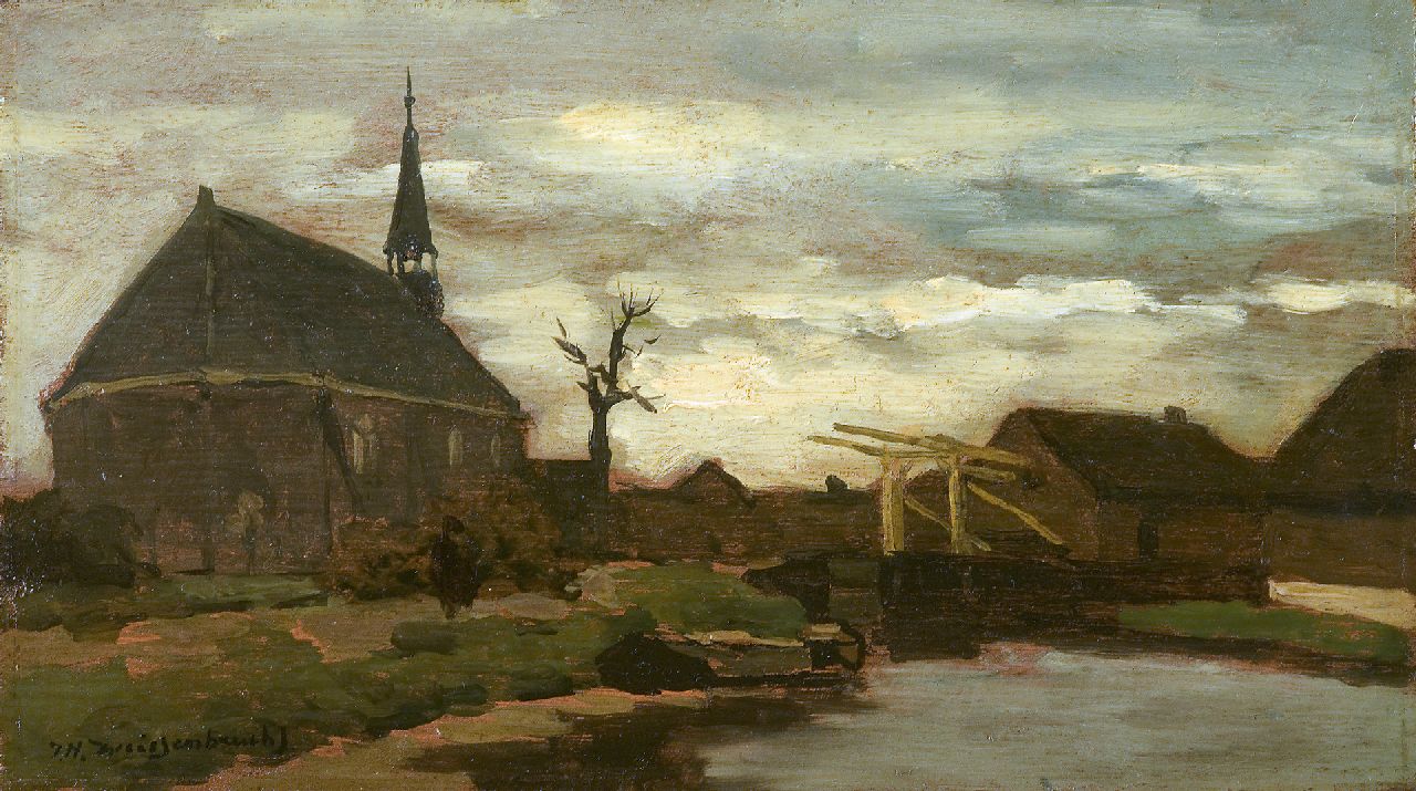 Weissenbruch H.J.  | Hendrik Johannes 'J.H.' Weissenbruch, Ansicht auf die Kirche von Nieuwkoop, Öl auf Holz 18,1 x 31,7 cm, Unterzeichnet l.u.