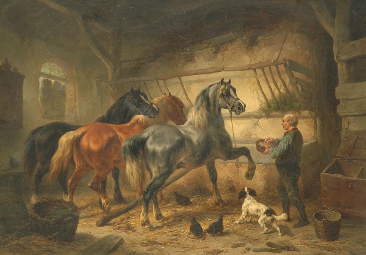 Verschuur W.  | Wouterus Verschuur, Horses in a stable, Öl auf Holz 36,7 x 51,5 cm, signed l.r.