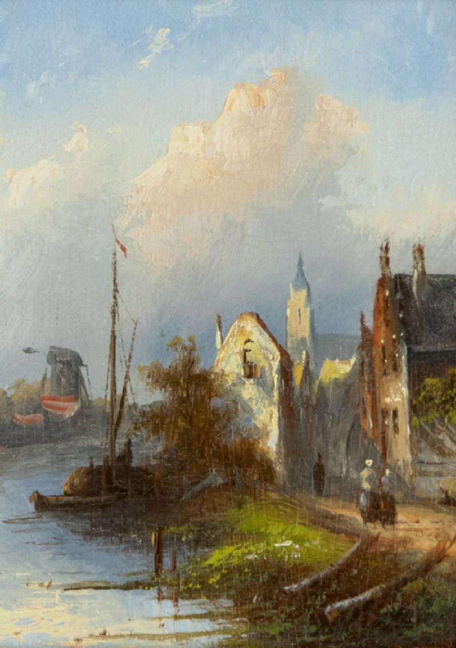 Spohler J.J.C.  | Jacob Jan Coenraad Spohler, Holländische Wasserlandshaft mit Häuser, Öl auf Holz 12,1 x 8,8 cm, Unterzeichnet Im Verso