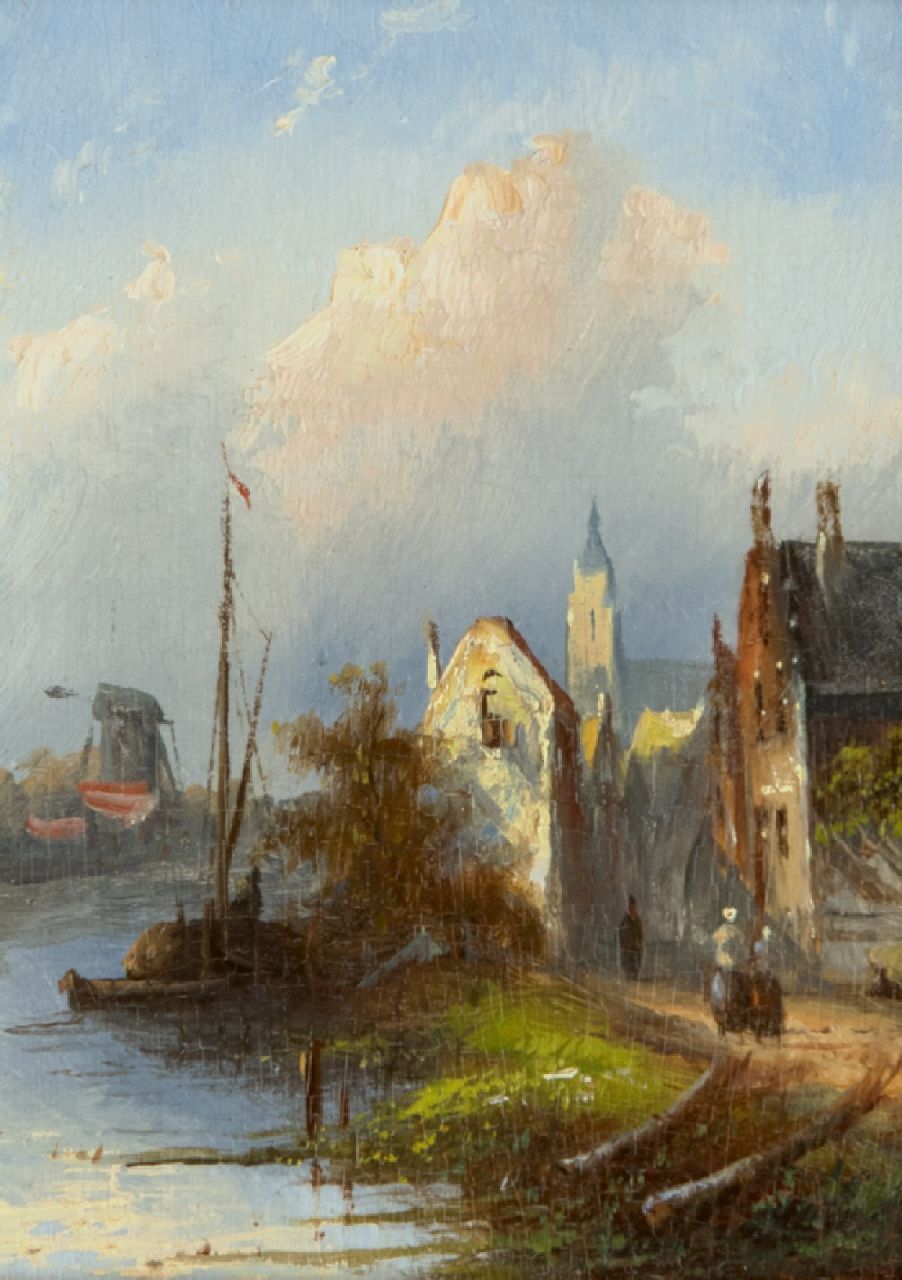 Spohler J.J.C.  | Jacob Jan Coenraad Spohler, Holländische Wasserlandshaft mit Häuser, Öl auf Holz 12,1 x 8,8 cm, Unterzeichnet Im Verso