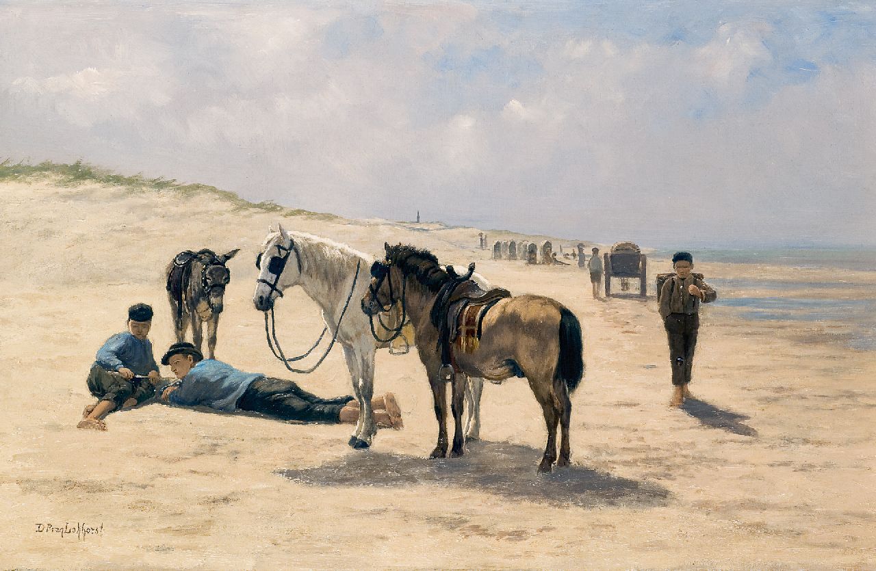 Lokhorst D.P. van | Dirk Peter van Lokhorst, Horses and donkey on the beach, Katwijk, Öl auf Leinwand 44,0 x 67,2 cm, signed l.l.