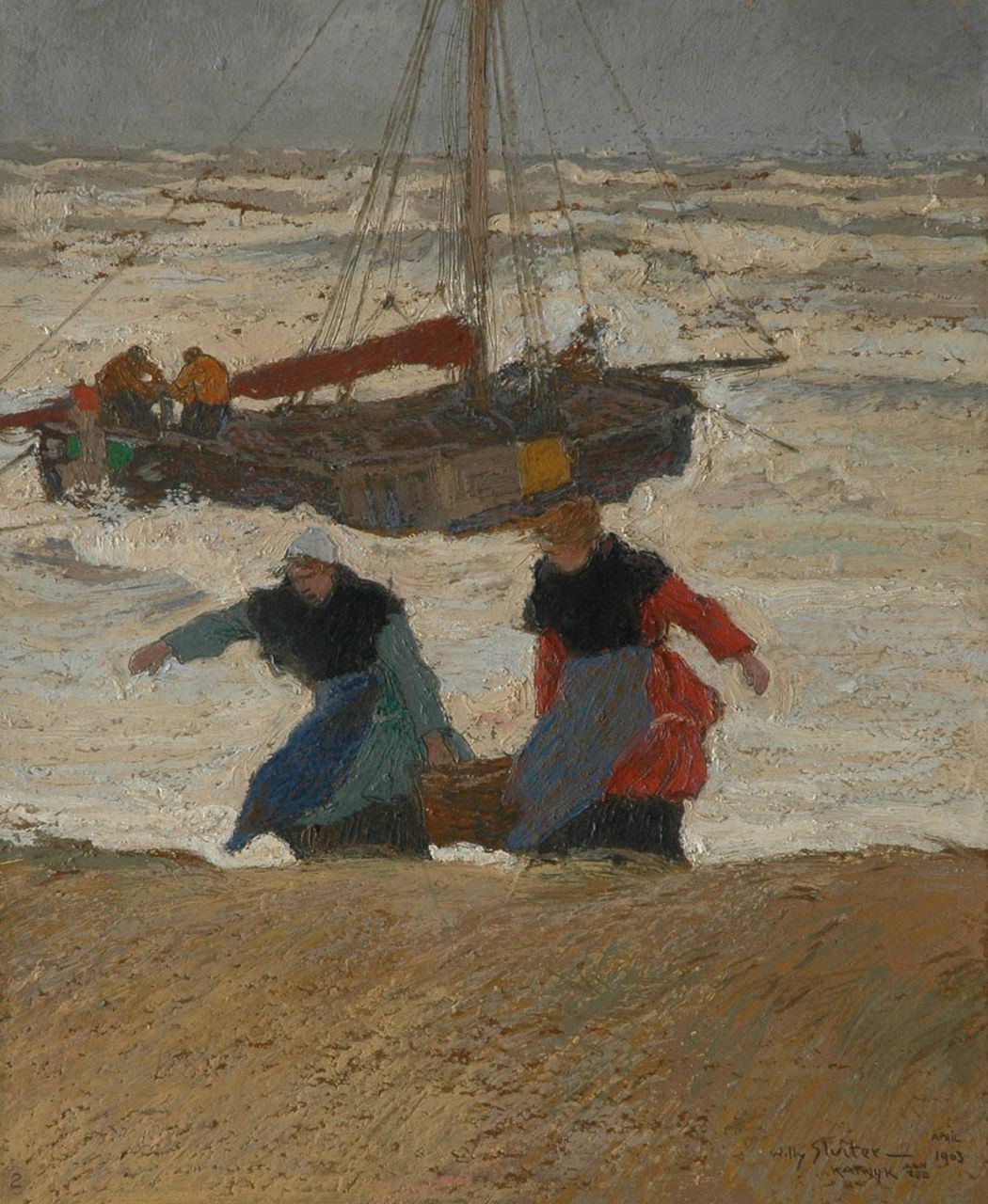 Sluiter J.W.  | Jan Willem 'Willy' Sluiter, Fisherwomen on the beach of Katwijk, Öl auf Holzfaser 45,4 x 37,5 cm, signed l.r. und dated 'Katwijk aan Zee, april 1903'