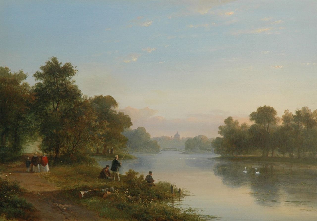 Kleijn L.J.  | Lodewijk Johannes Kleijn, Figures near the pond of Huis ten Bosch, The Hague, Öl auf Holz 37,4 x 53,5 cm, signed l.c. und painted ca. 1860