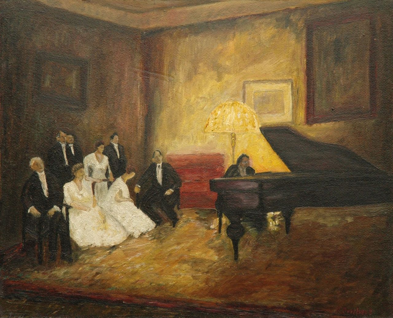 Overbeck F.  | Fritz Overbeck, An evening with music, Öl auf Holzfaser 40,1 x 49,7 cm, signed l.r.