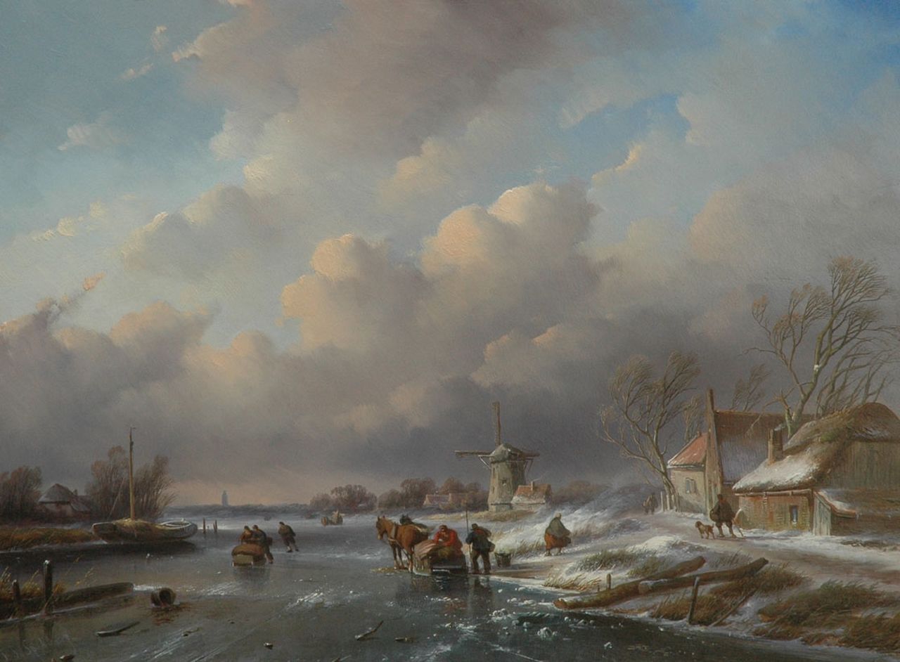 Spohler J.J.  | Jan Jacob Spohler, A winter landscape withe figures and sledges on the ice, Öl auf Holz 48,2 x 64,2 cm, signed l.l.