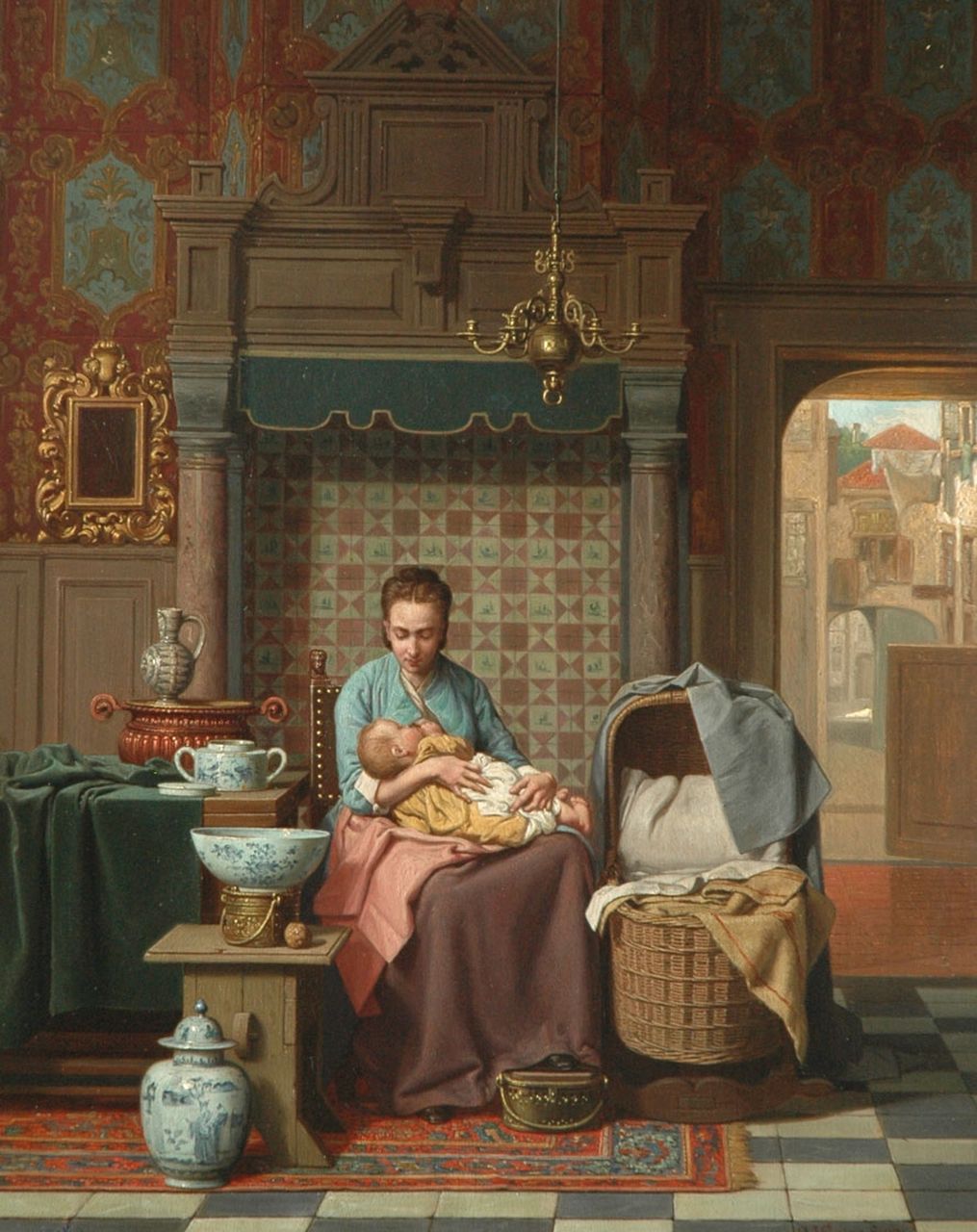 Grips C.J.  | Carel Jozeph Grips, A Dutch interior with mother and child, Öl auf Holz 44,4 x 34,8 cm, signed l.r. und dated 1876