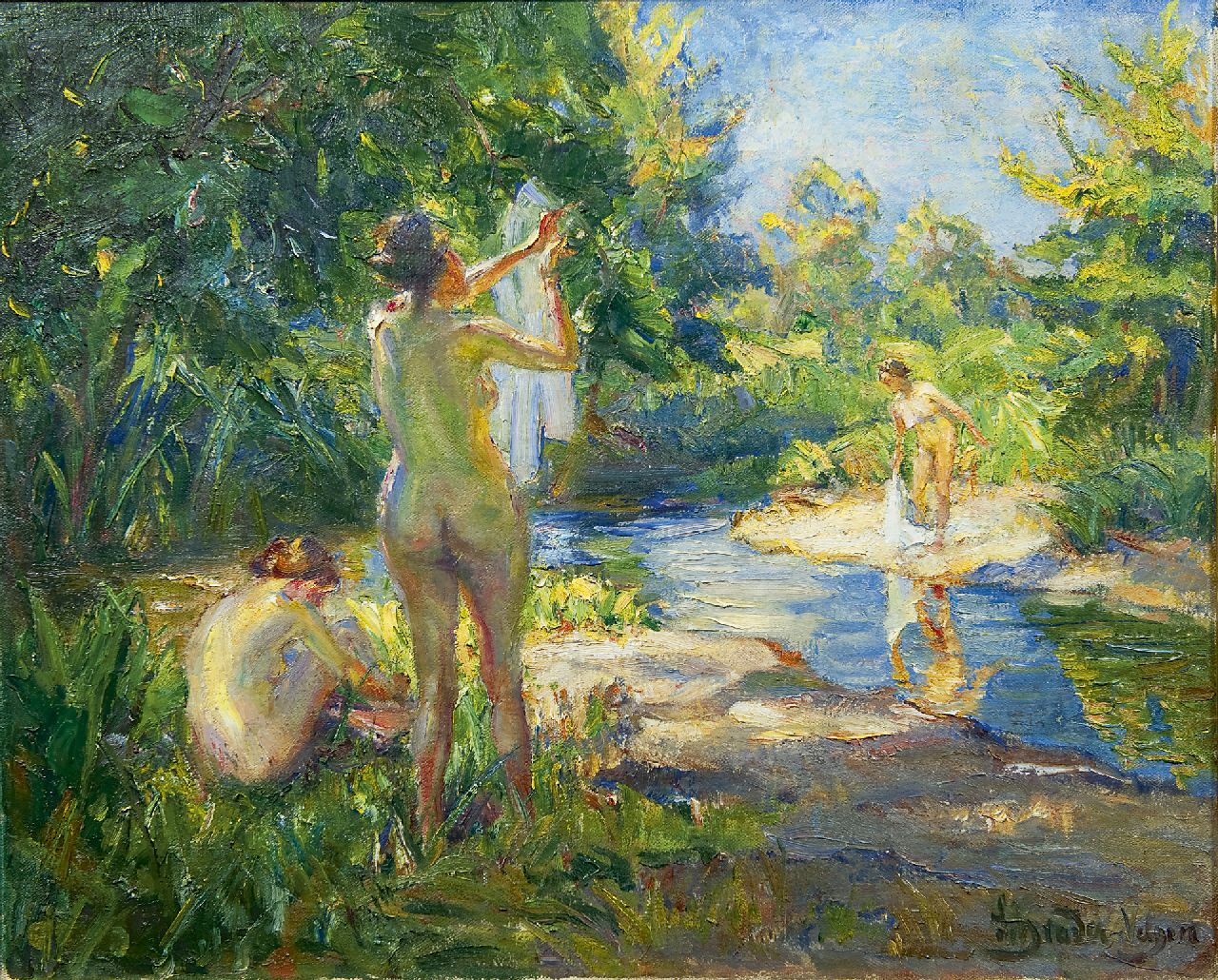Schrader-Velgen C.H.  | Carl Hans Schrader-Velgen, Drei badende Frauen, Öl auf Leinwand 65,4 x 79,9 cm, Unterzeichnet r.u.
