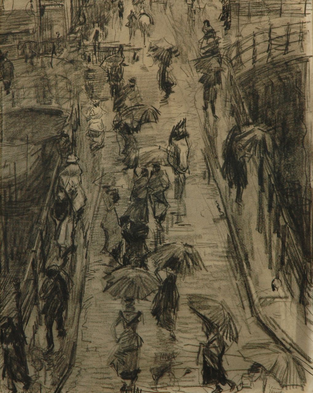 Israels I.L.  | 'Isaac' Lazarus Israels, Through the Rain; the Leliegracht in Amsterdam, Holzkohle und Kreide auf Papier 62,0 x 47,5 cm, signed l.r. en verso und Executed ca. 1890-1894
