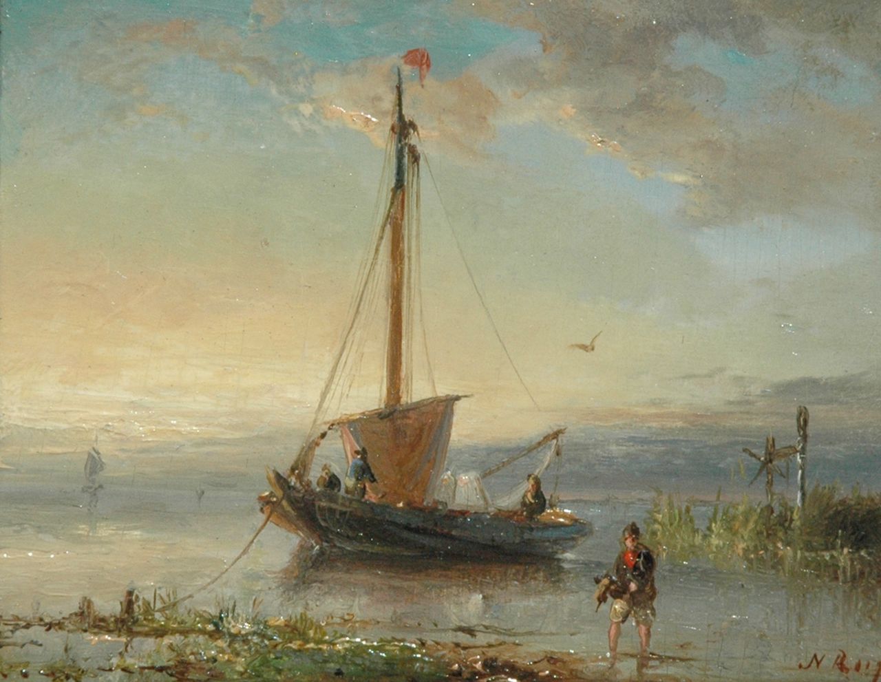 Riegen N.  | Nicolaas Riegen, The fishingboat at the waterside, Öl auf Holz 8,5 x 10,9 cm, signed l.r. with initials