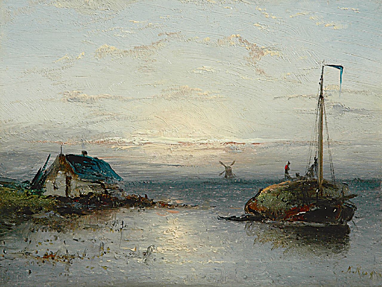 Riegen N.  | Nicolaas Riegen, A hay ship at sunset, Öl auf Holz 15,4 x 21,1 cm, signed l.r.