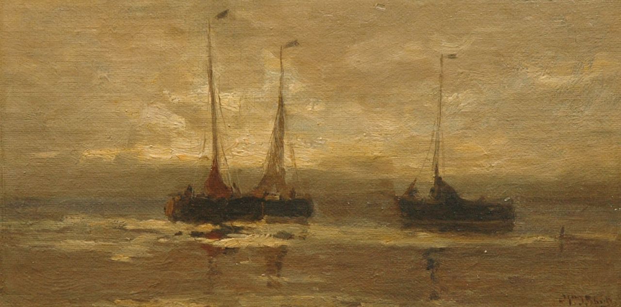 Schütz W.J.  | Willem Johannes Schütz, Two fishing boats at night, Zeeland, Öl auf Leinwand auf Holz 13,7 x 26,7 cm, signed l.r.