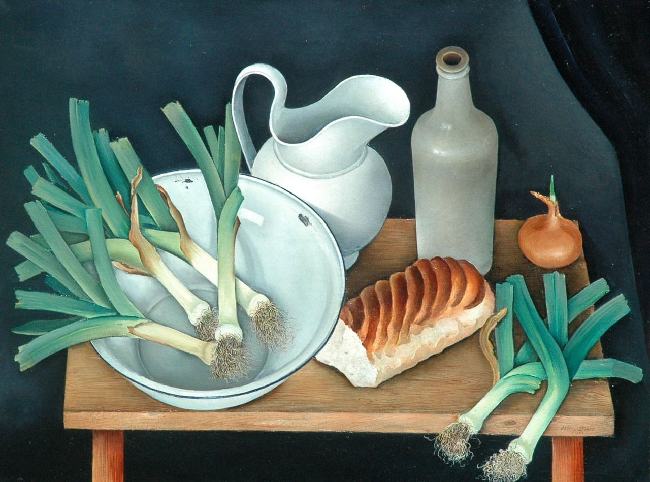 Boers W.H.F.  | 'Willy' Herman Friederich Boers, A still life with leek, Öl auf Leinwand 60,1 x 80,0 cm, signed l.r. and on the reverse und dated 1933 l.r. and on the reverse