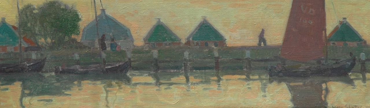 Sluiter J.W.  | Jan Willem 'Willy' Sluiter, Small houses in Volendam, Öl auf Leinwand  auf Holzfaser 24,3 x 76,9 cm, signed l.r.