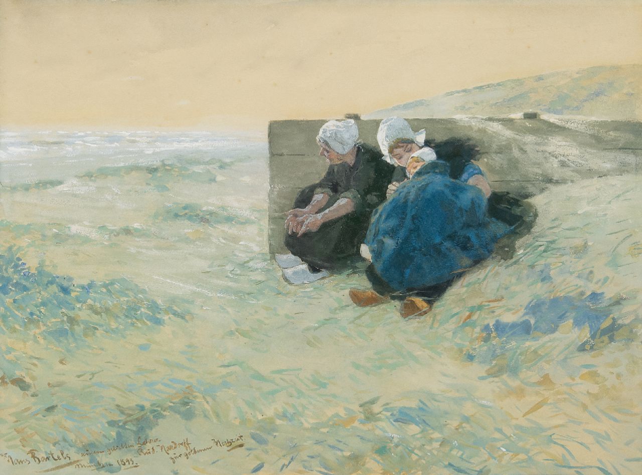 Bartels H. von | Hans von Bartels, Zwei Frauen und ein Kind in den Dünen, Gouache auf Papier 29,7 x 40,6 cm, Unterzeichnet l.u. und datiert 'München' 1893