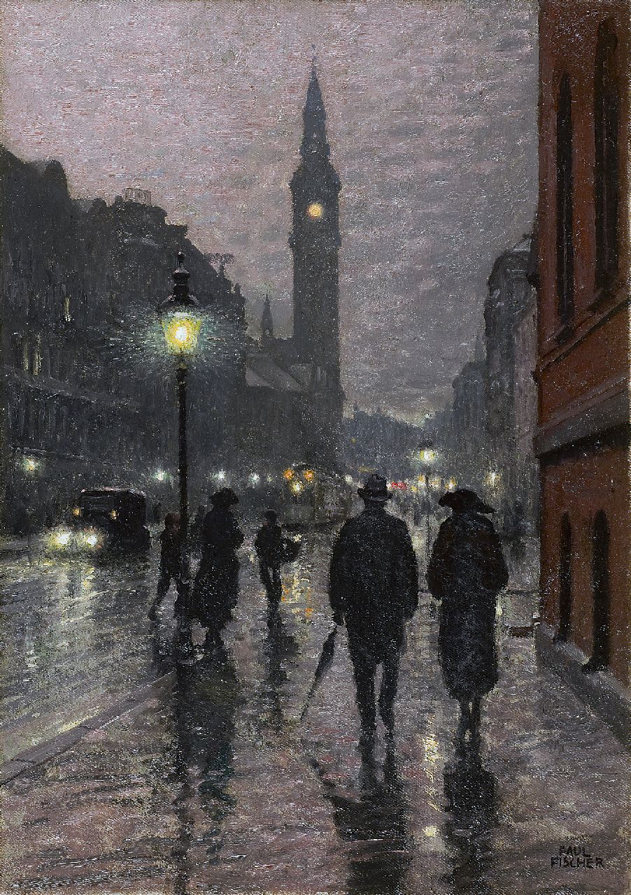 Fischer P.G.  | Poul Gustav 'Paul' Fischer, The Vester Voldgade in Copenhagen by night, Öl auf Leinwand 55,5 x 39,8 cm, signed l.r.