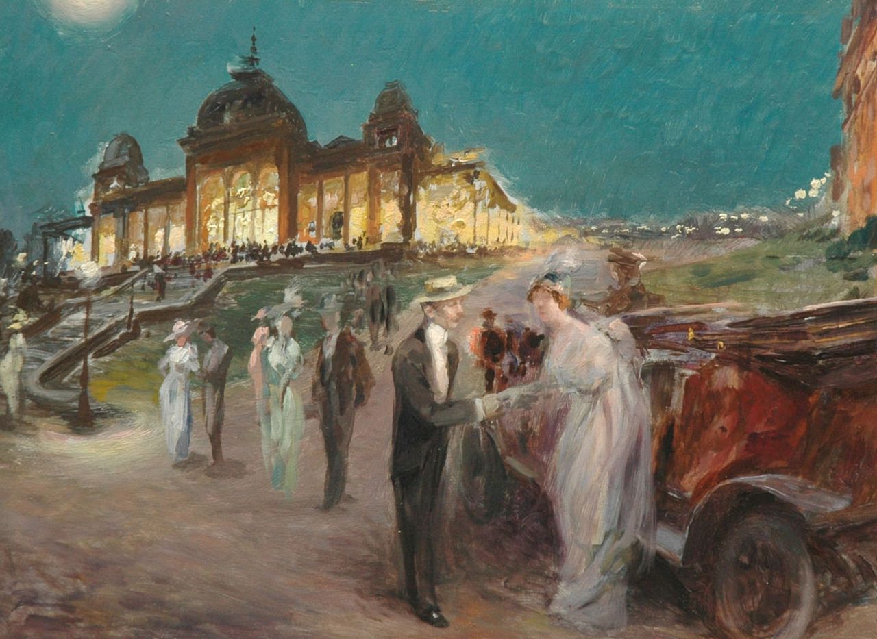 Andreis A. de | Alexandre de Andreis | Gemälde zum Verkauf angeboten | Ankunft bei dem Kasino in Vittel, Öl auf Holzfaser 23,9 x 33,0 cm, 1905