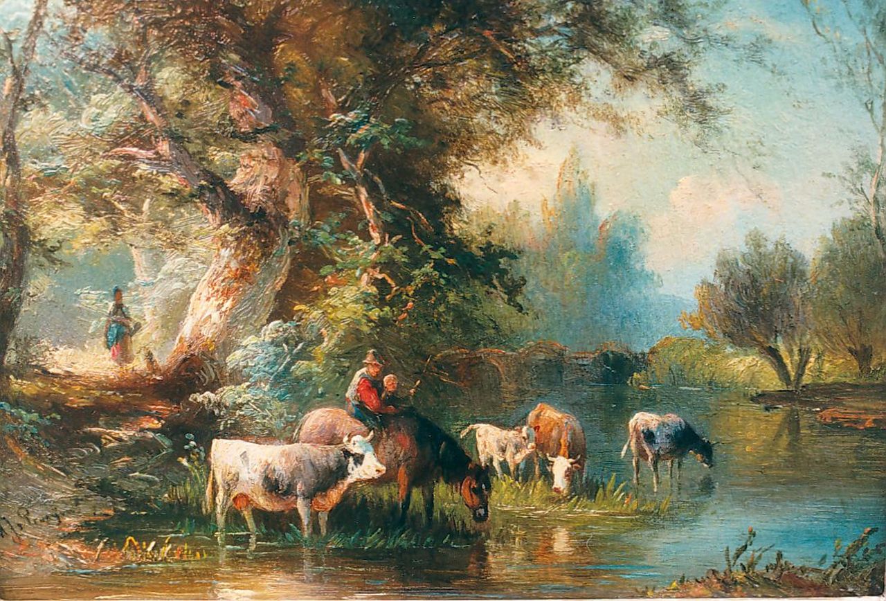 Prooijen A.J. van | Albert Jurardus van Prooijen, Cattle watering, Öl auf Holz 15,5 x 21,7 cm, signed l.l.