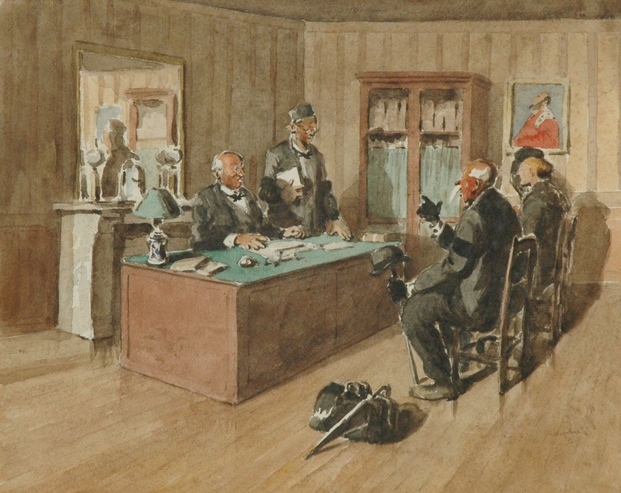 Bognard A.L.  | Auguste Lucien Bognard, At the notary, Aquarell auf Papier 35,9 x 44,8 cm, signed l.r. und dated '50