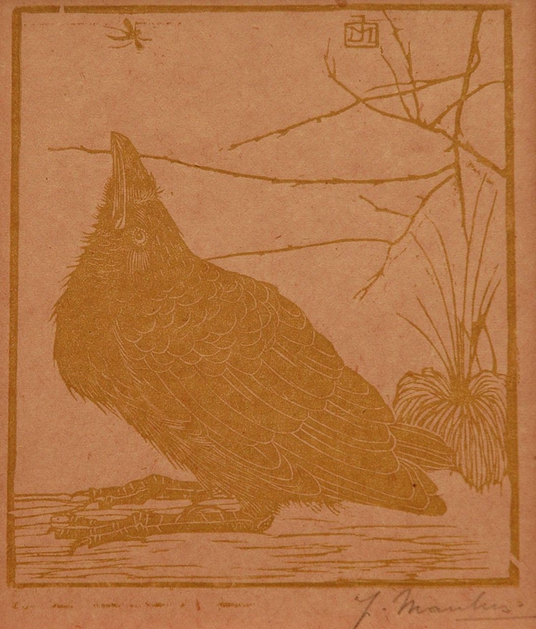 Mankes J.  | Jan Mankes, A crow, watching a mosquito, Holzstich auf gefärbtem japanischem Papier 11,8 x 10,2 cm, signed w mon in the block and l.r. in full (in pencil und executed in 1918