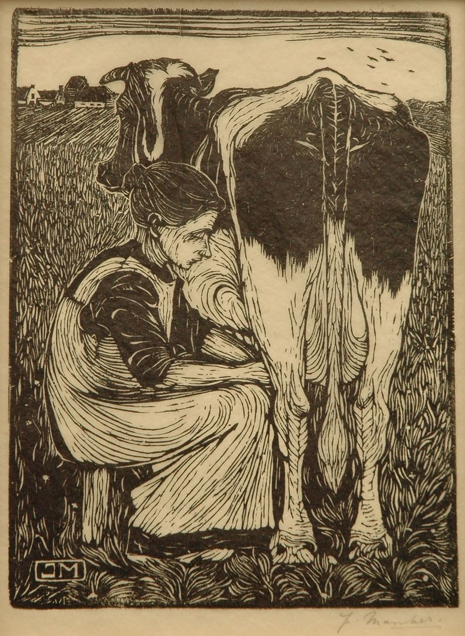 Mankes J.  | Jan Mankes, Milking a cow, Holzstich auf chinesischem Papier 19,2 x 14,5 cm, signed with mon. in the bloc and l.r. in full (in pencil) und executed in 1914