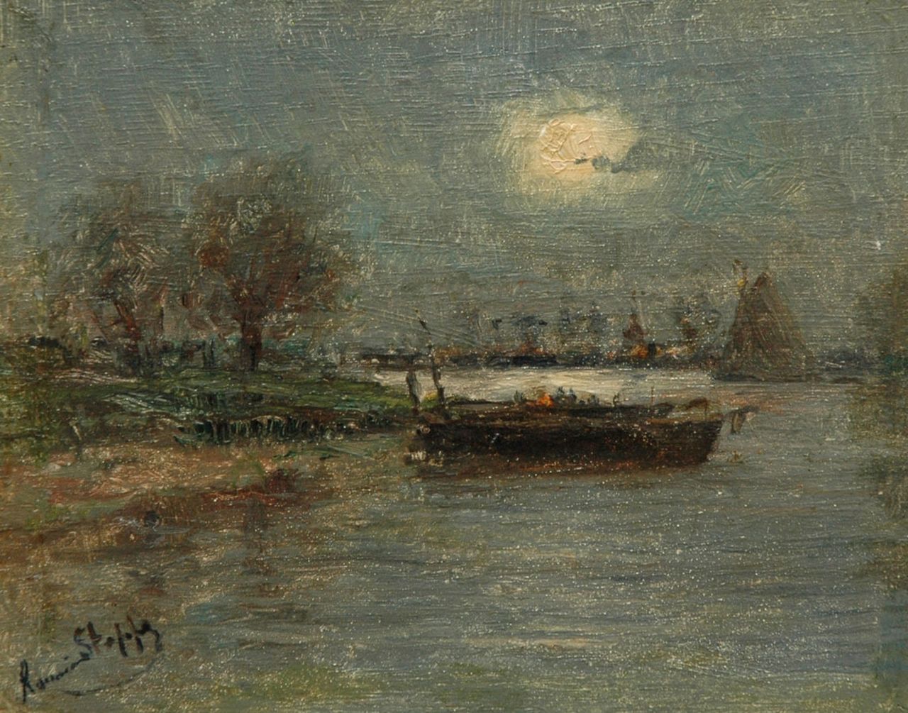 Steppe R.  | Romain Steppe, Sunset on the river Schelde, Öl auf Holz 11,5 x 14,9 cm, signed l.l.