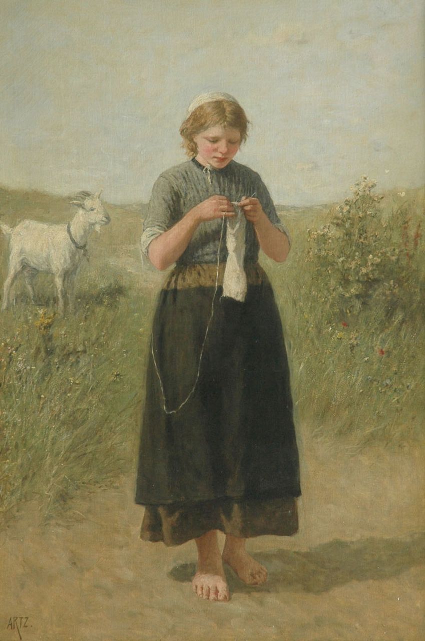 Artz D.A.C.  | David Adolphe Constant Artz, Girl knitting in the dunes, Öl auf Leinwand 139,5 x 94,4 cm, signed l.l.