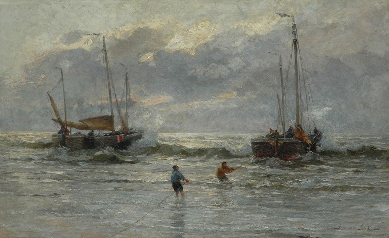 Grobe P.G.  | Philipp 'German' Grobe, The arrival of the fishing fleet, Katwijk, Öl auf Leinwand 82,2 x 130,4 cm, signed l.r.