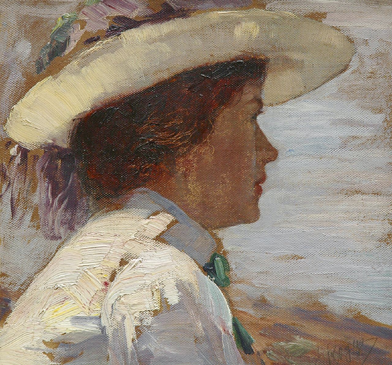 Adalbert Rogge | Lady with hat looking out over the sea, Öl auf Holzfaser, 23,9 x 25,0 cm, signed l.r.