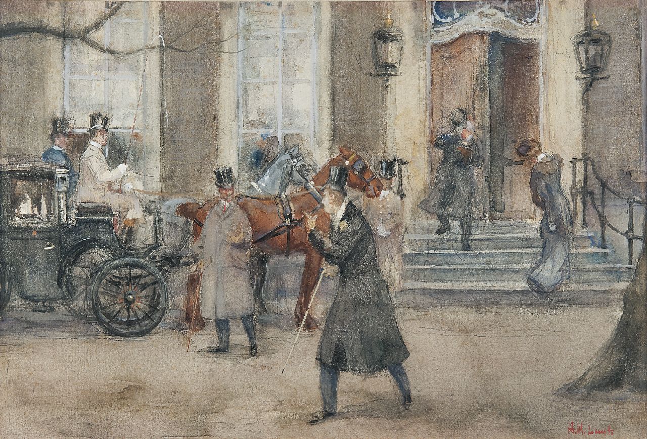 Luijt A.M.  | Arie Martinus 'Thies' Luijt, Lebhaftigkeit vor dem 'Lange Voorhout' 32, Haag, Bleistift und Aquarell auf Papier 33,6 x 50,0 cm, Unterzeichnet r.u.