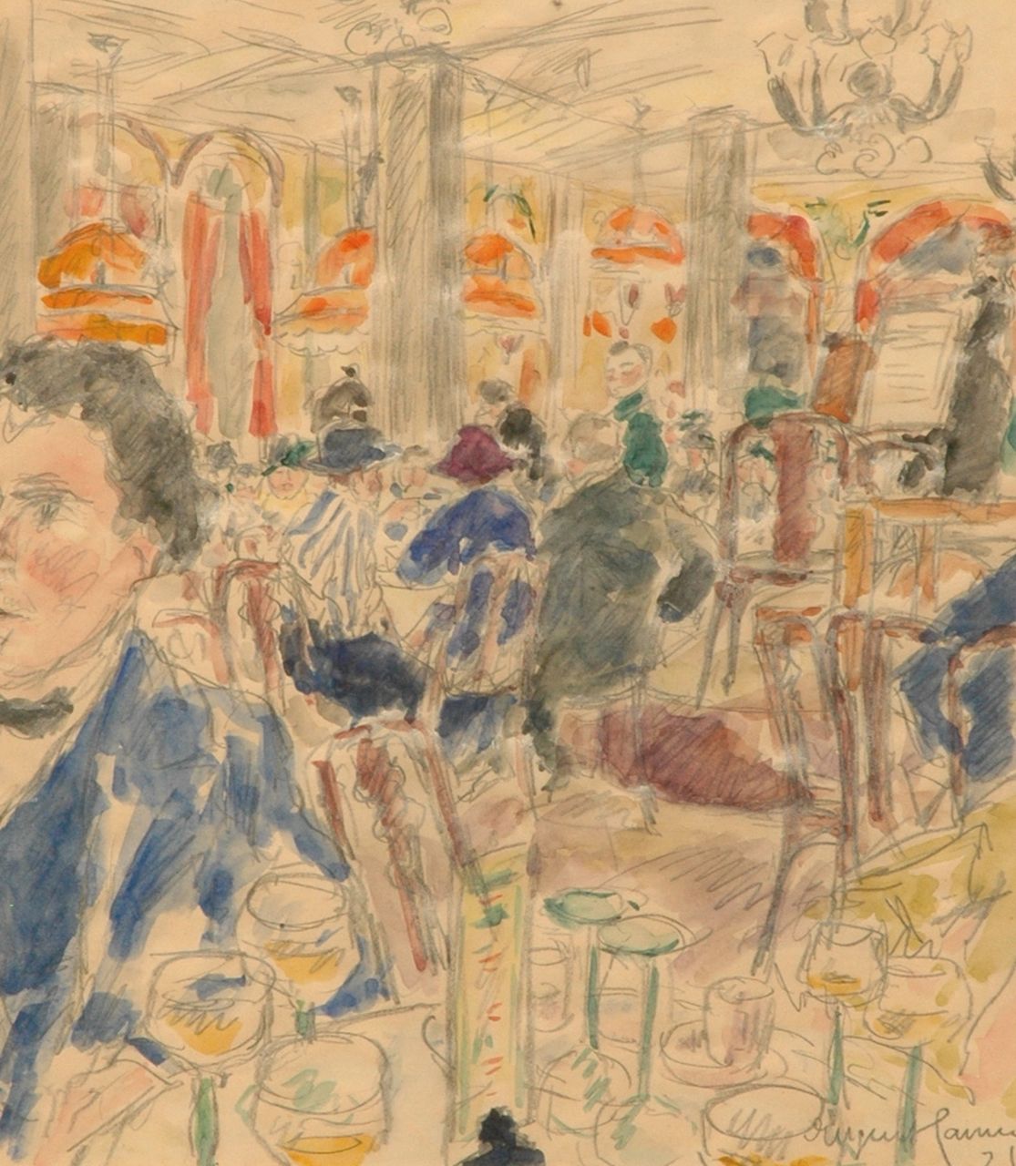 Hamm E.  | Eugen Hamm, At the coffee house 'Drei Könige' in Leipzig, Bleistift und Aquarell auf Papier 33,3 x 29,3 cm, signed l.r. und dated '21